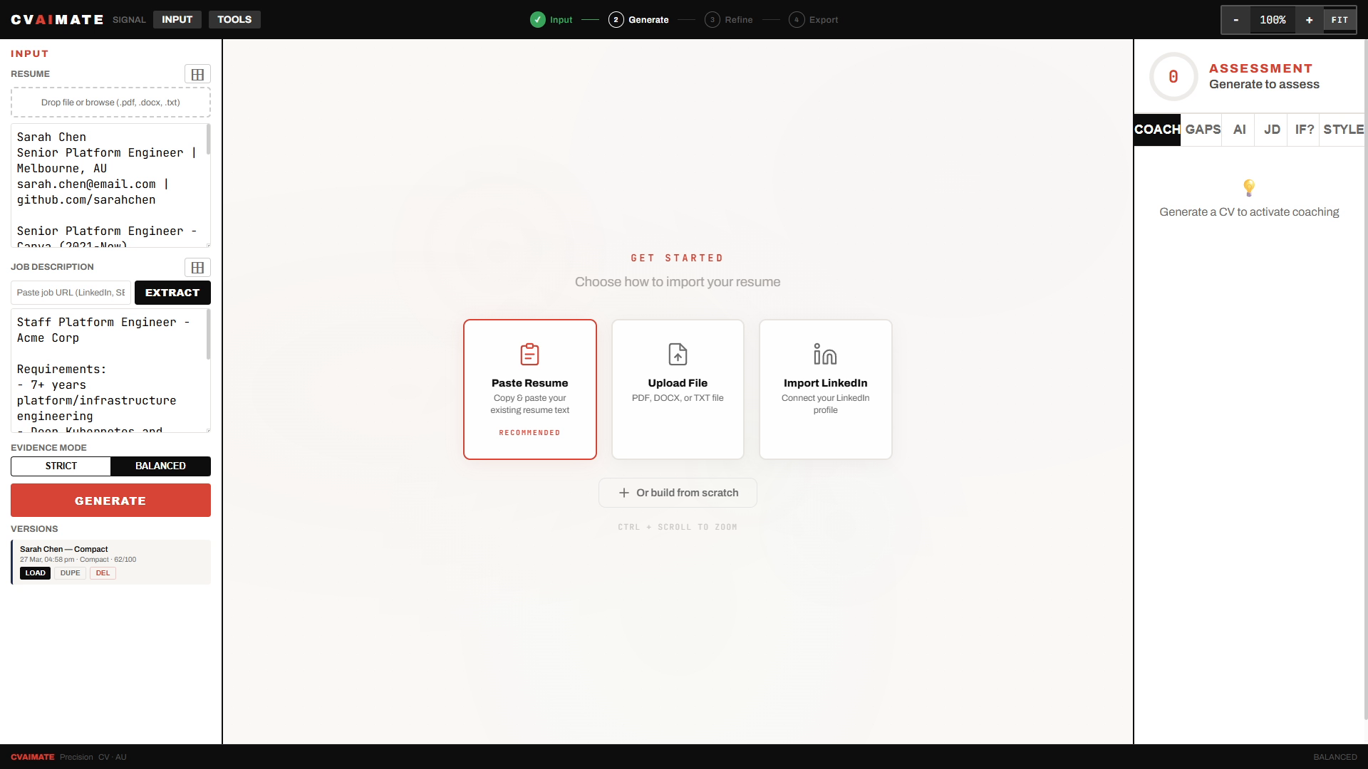 CVAIMate workspace showing resume and job description input panel with paste, upload, and LinkedIn import options