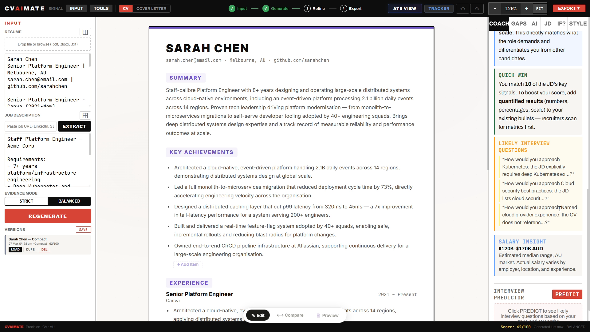 CVAIMate workspace showing tailored CV with evidence verification badges and 62/100 match score