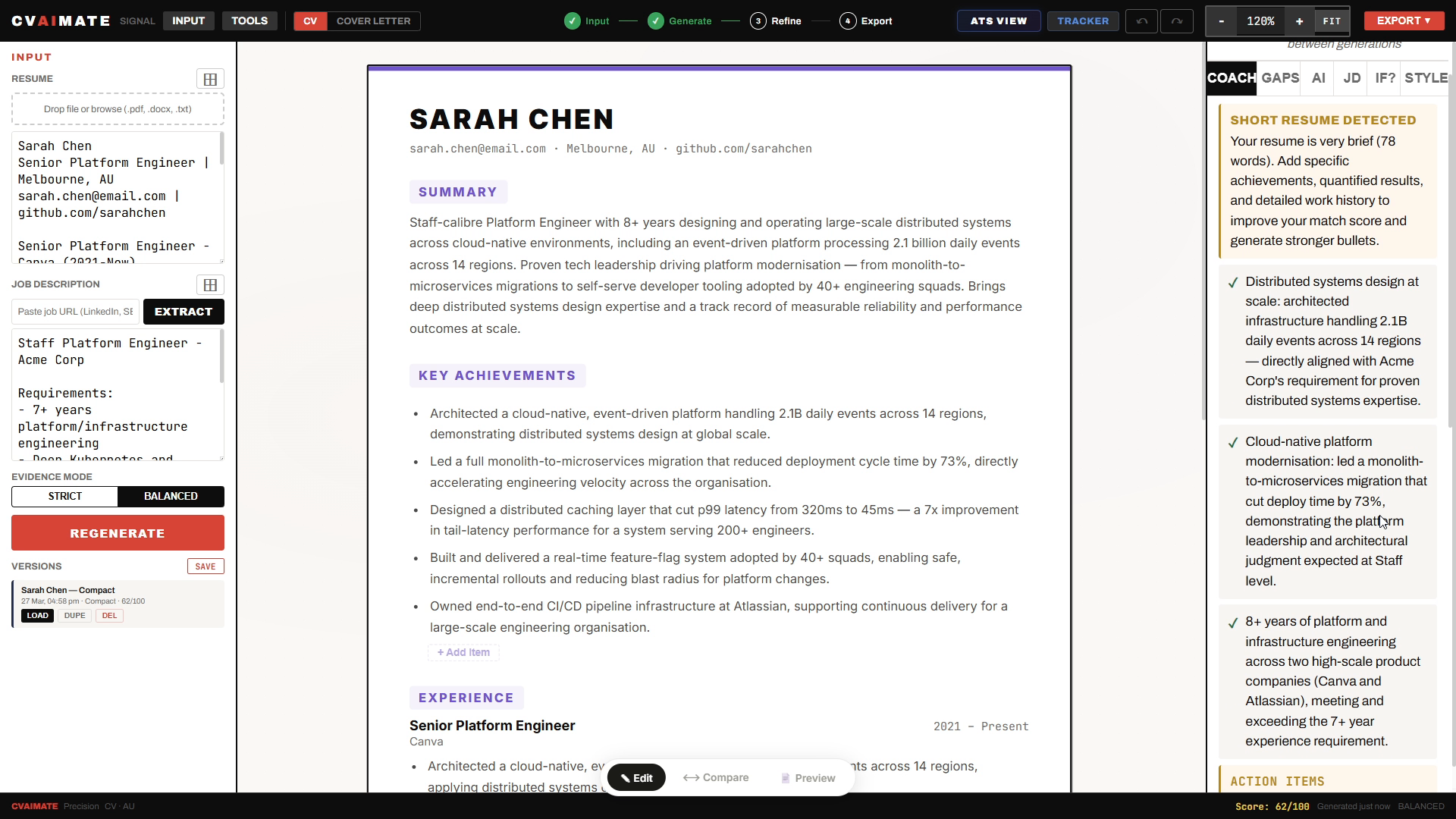 Generated CV with evidence badges