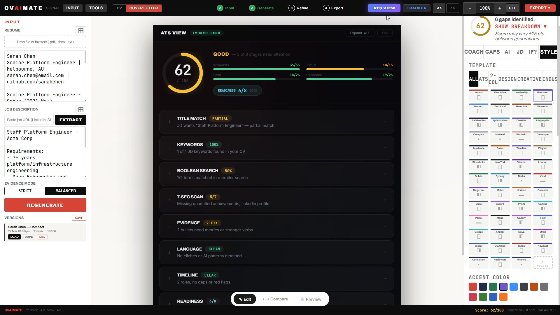 CVAIMate ATS View showing 8-stage recruiter simulation with detailed scoring analysis