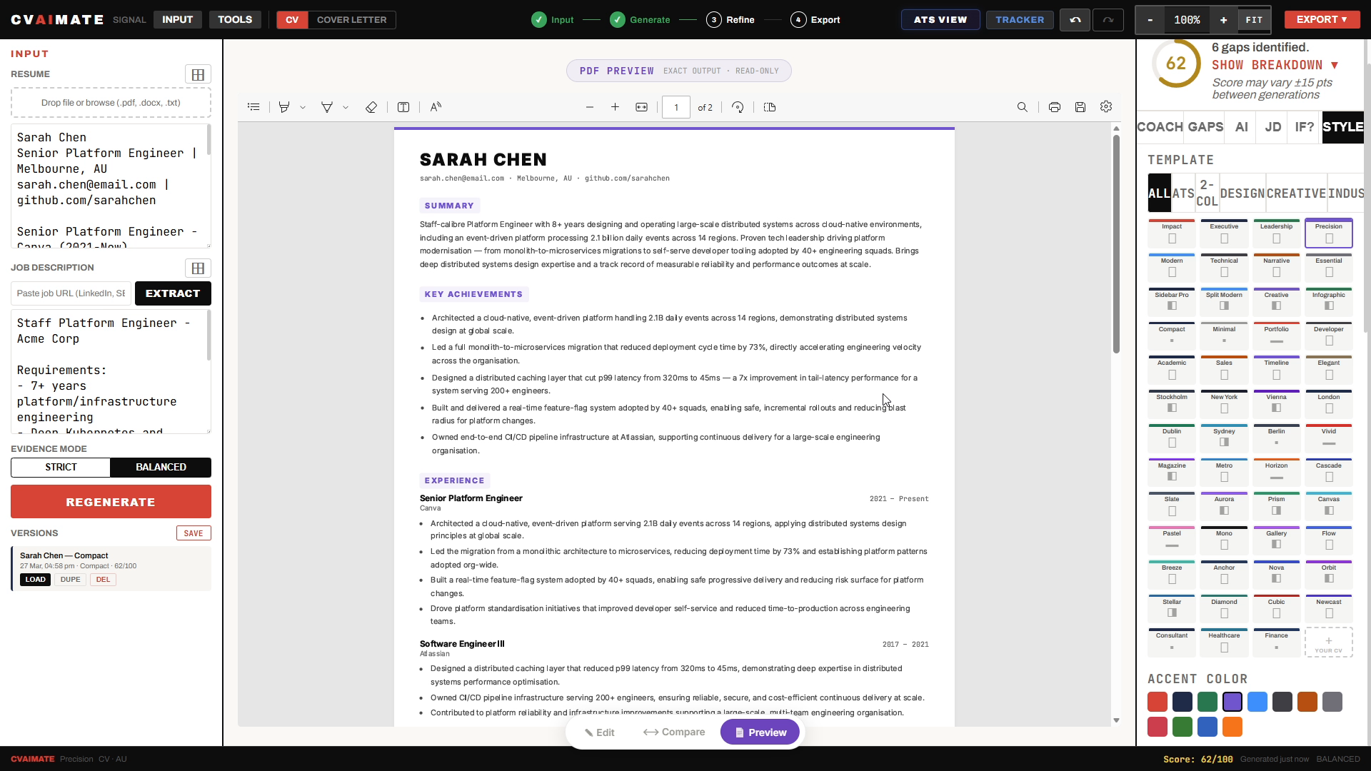CVAIMate export panel with PDF download, share link, and cover letter options