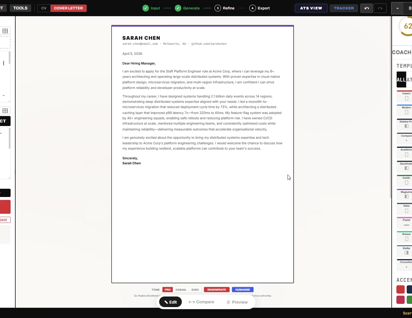 Cover letter generation interface